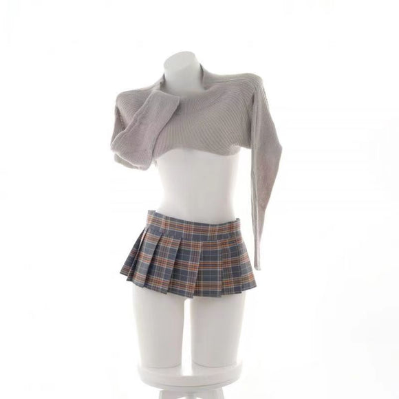 Dress skirt set Long sleeve sweater and plaid miniskirt uniform set